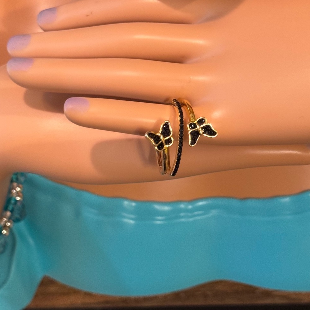 YGI 925 Sterling Silver Gold-Tone Butterfly Wrap Ring with Black CZ Stones